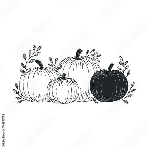Whimsical pumpkin arrangement for autumn decor and celebration. Vector hand drawn illustration