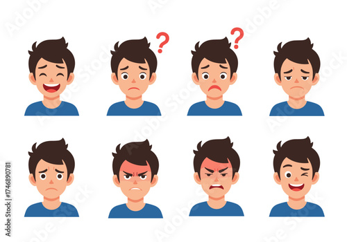 Collection of male facial expressions showing different emotions and feelings.