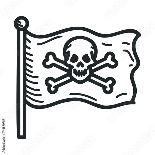 Jolly Roger flag design for pirate theme events and decorations. Vector line illustration