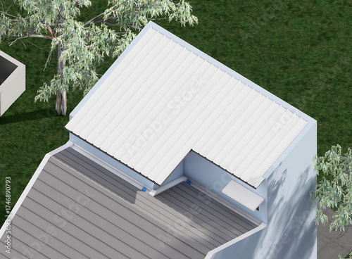 Realistic Aerial Perspective Suburban Residence Structure with Roofing System Illustration