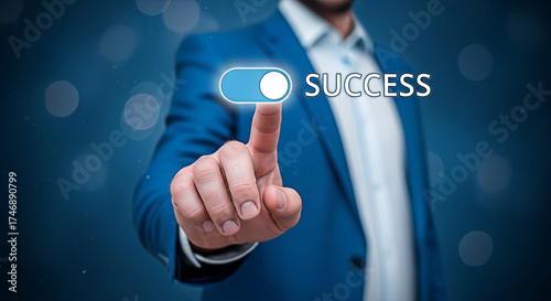 Man in suit activates success button on a digital interface for business achievement and motivation
