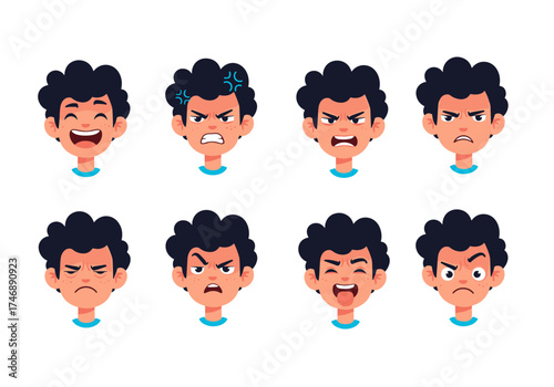A collection of diverse emotional expressions displayed on cartoon boy faces showing a range of feelings.