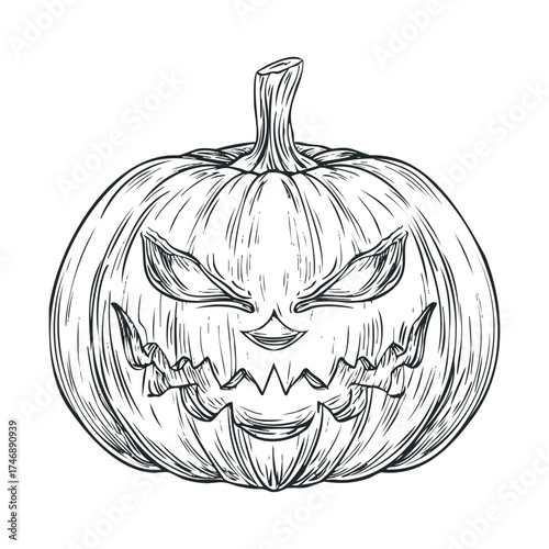 Scary Halloween pumpkin carving design for spooky decorations. Vector hand drawn illustration