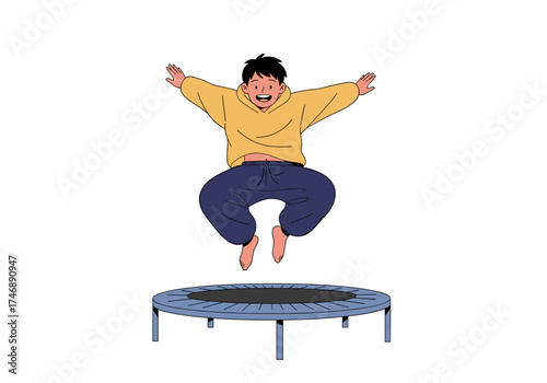 A young boy joyfully jumps high on a trampoline during outdoor playtime.