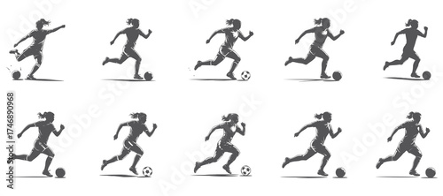 Collection of dynamic running soccer player silhouettes in various action poses and movements silhouette