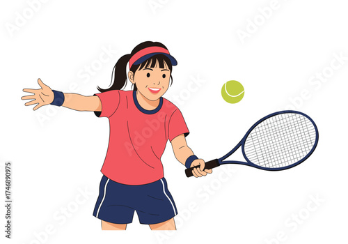 Young girl in athletic wear actively plays tennis hitting the ball with her racket.