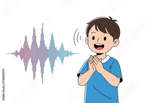 A boy speaking and generating a colorful sound wave on a white background.