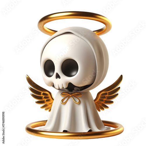 Cute 3d skeleton wearing ghost cloak surrounded by a golden halo isolated on white background