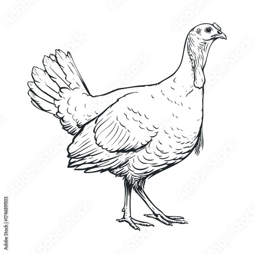 Detailed drawing of a domestic turkey in profile view. Vector hand drawn illustration
