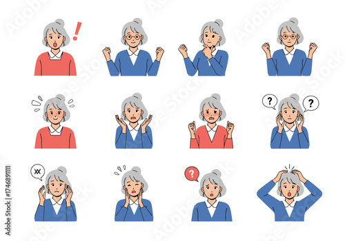 Collection of elderly women displaying a wide range of human emotions and expressions.