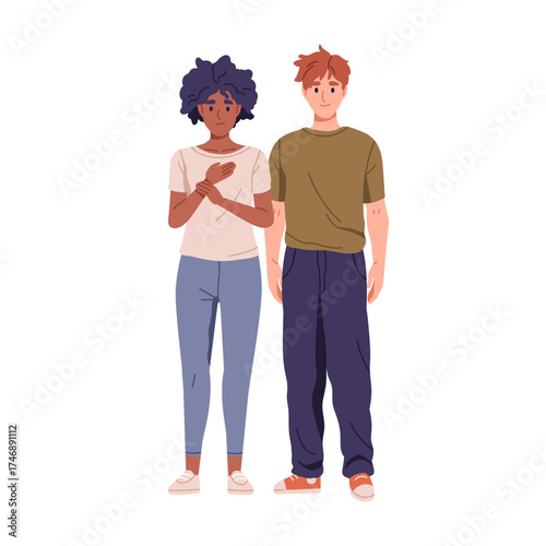 Couple in simple ordinary clothing, unfashionable shabby outfits. Woman and man with modest unkempt appearance, wearing plain untidy apparel. Flat vector illustration isolated on white background.