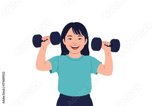 A young girl happily lifting weights and exercising.