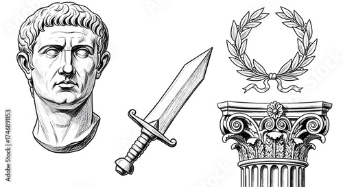 Ancient Roman Symbols: Bust, Sword, Laurel Wreath, and Corinthian Column