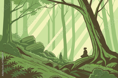  fantasy forest scene, magical light rays streaming through trees, silhouette figures meditating, fallen logs and moss covered rocks, lush greenery, ethereal atmosphere, digital art, trending on art