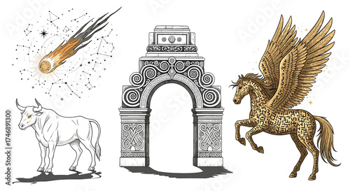 Mythological creatures and ancient architecture evoke a sense of wonder