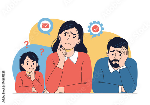 A family facing difficult decisions and showing signs of worry and confusion.