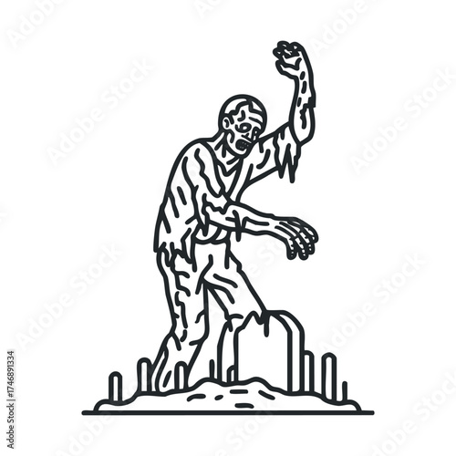 Zombie emerging from grave at Halloween celebration event scene. Vector line illustration