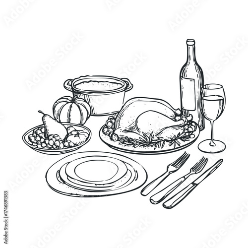 Thanksgiving dinner celebration with turkey and seasonal dishes. Vector hand drawn illustration
