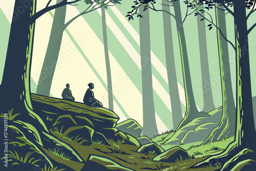  fantasy forest scene, magical light rays streaming through trees, silhouette figures meditating, fallen logs and moss covered rocks, lush greenery, ethereal atmosphere, digital art, trending on art