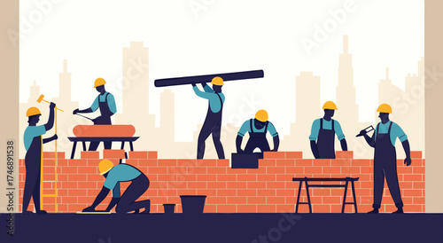 Construction workers building a brick wall in front of city skyscrapers.

