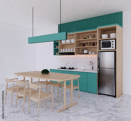 Modern Bright Kitchen Interior with Dining Table and Minimalist Cabinetry