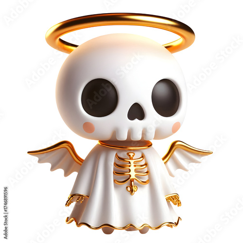 Cute 3d skeleton wearing ghost cloak surrounded by a golden halo isolated on white background