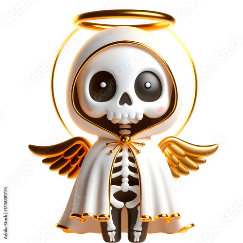 Cute 3d skeleton wearing ghost cloak surrounded by a golden halo isolated on white background