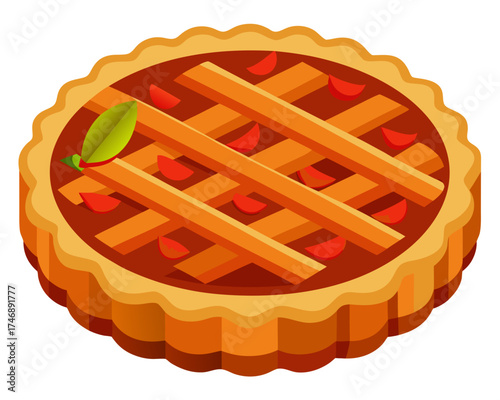 Apple pie with cinnamon sticks, autumn dessert element, vector illustration isolated on white background