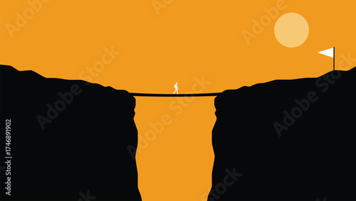 Determined individual bravely crosses a perilous chasm on a narrow bridge towards a distant goal under a warm, inspiring sun