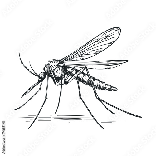 Detailed mosquito sketch for educational use. Vector hand drawn illustration