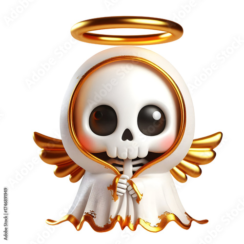 Cute 3d skeleton wearing ghost cloak surrounded by a golden halo isolated on white background