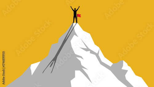 Triumphant silhouette stands atop a snowy mountain peak with a red flag, symbolizing ultimate success and achievement against a vibrant yellow backdrop.