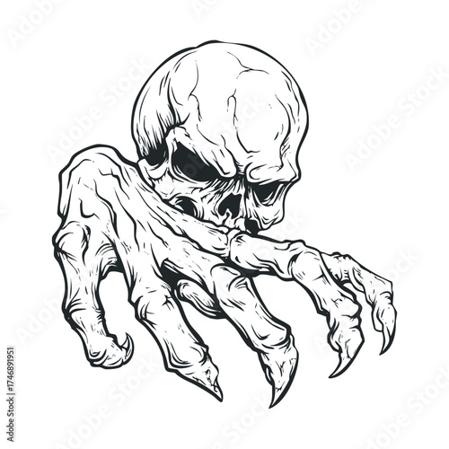Creepy skull with long bony fingers for Halloween designs. Vector hand drawn illustration