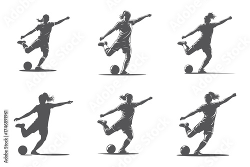 Dynamic female soccer player kicking ball in action poses silhouette