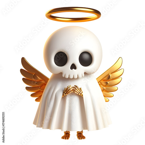 Cute 3d skeleton wearing ghost cloak surrounded by a golden halo isolated on white background