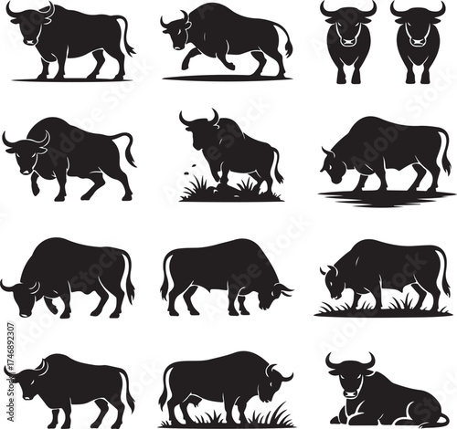 Set of Bull Silhouette Vector Images Collection of Various Poses Depicting Strength and Power for Design Elements