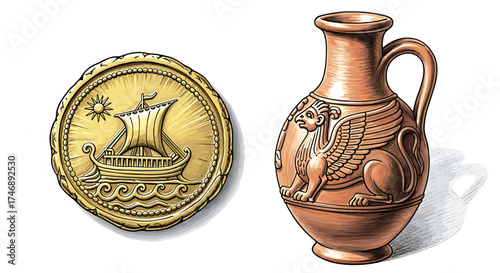 Ancient Ship Coin and Grecian Vase with Griffin Artwork
