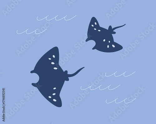 Stingray pair swimming underwater. Exotic marine animals, fauna with long tails, sting rays gliding through tropical ocean. Sea water stingers undersea. Flat vector illustration.