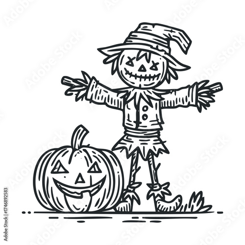 Halloween theme with joyful scarecrow and pumpkin decoration. Vector hand drawn illustration