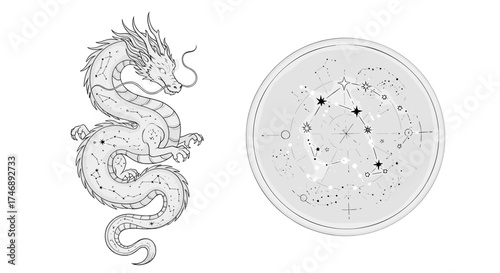 Celestial Dragon and Constellation Chart Grayscale Art Illustration