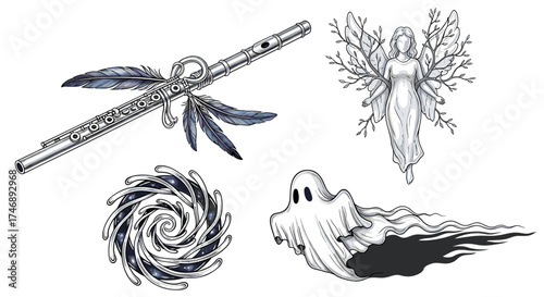 Ethereal illustrations featuring a flute, angel, ghost, and cosmic spiral
