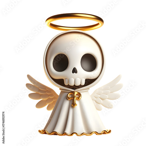 Cute 3d skeleton wearing ghost cloak surrounded by a golden halo isolated on white background