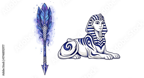 Mystical Egyptian Sphinx and Feathered Spear Fantasy Art Illustration