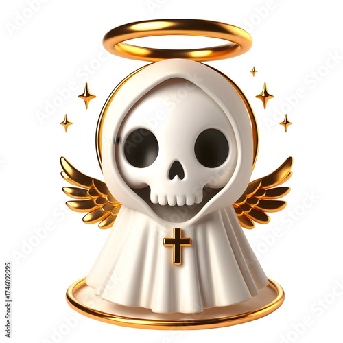 Cute 3d skeleton wearing ghost cloak surrounded by a golden halo isolated on white background