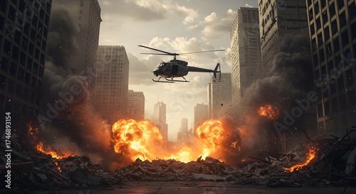 A helicopter flying over a destroyed cityscape with explosions and rubble