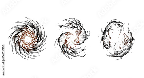 Three stylized designs of abstract shapes and aquatic creatures.