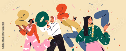 Happy 2027 New Year. People group, friends celebrating winter holiday, holding numbers in hands. Festive Newyear banner background with confetti, fun party celebration. Flat vector illustration.