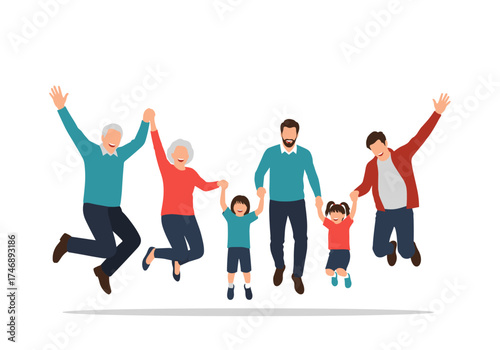 A multi-generational family joyfully jumping together celebrating their strong bonds and happiness.
