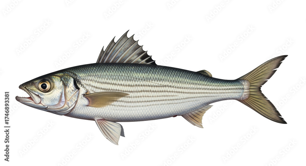 Fototapeta premium Isolated Striped Mullet Fish Swimming underwater, illustration of a colorful fish close-up