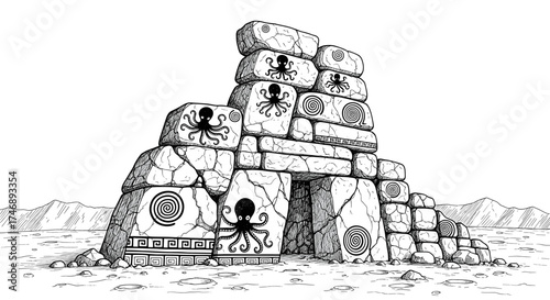 Ancient Ruin Stone Portal with Octopus and Spiral Decorations Illustration